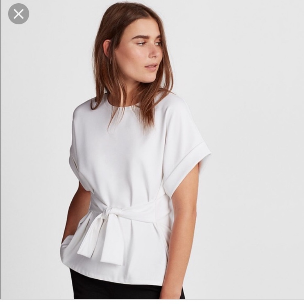 Express Textured Tie Waist Rolled Sleeve Blouse